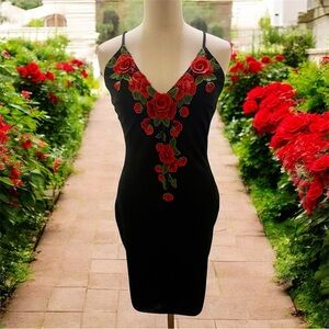 Windsor Black Slip Dress with Red Rose Embroidery